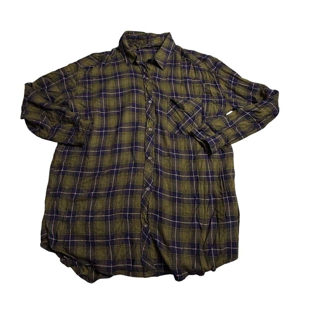 Staccato Button Down Shirt Womens L Green Navy Blue Plaid Rayon Excellent 13087E